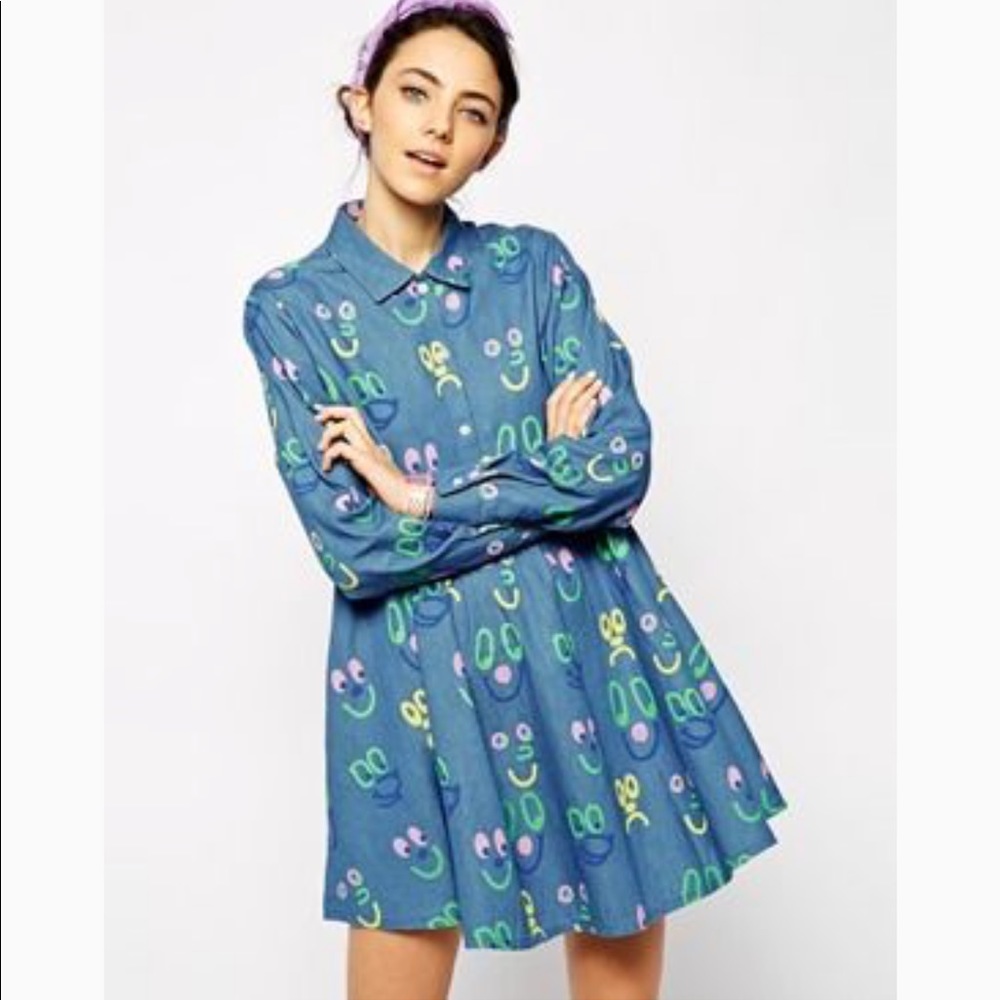 Lazy oaf denim shirt dress with face print